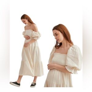 🤍 Nothing Fits But Dress – Cream Smocked Puff Sleeve Tiered Midi Dress (M)